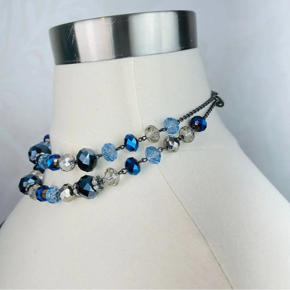Trifari blue clear beaded 2 strand necklace choker - Picture 4 of 10